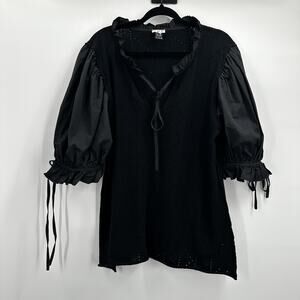 POL Tunic Top Womens Large Black Puff Sleeve Ruffle Boho‎ Peasant Blouse FST335A